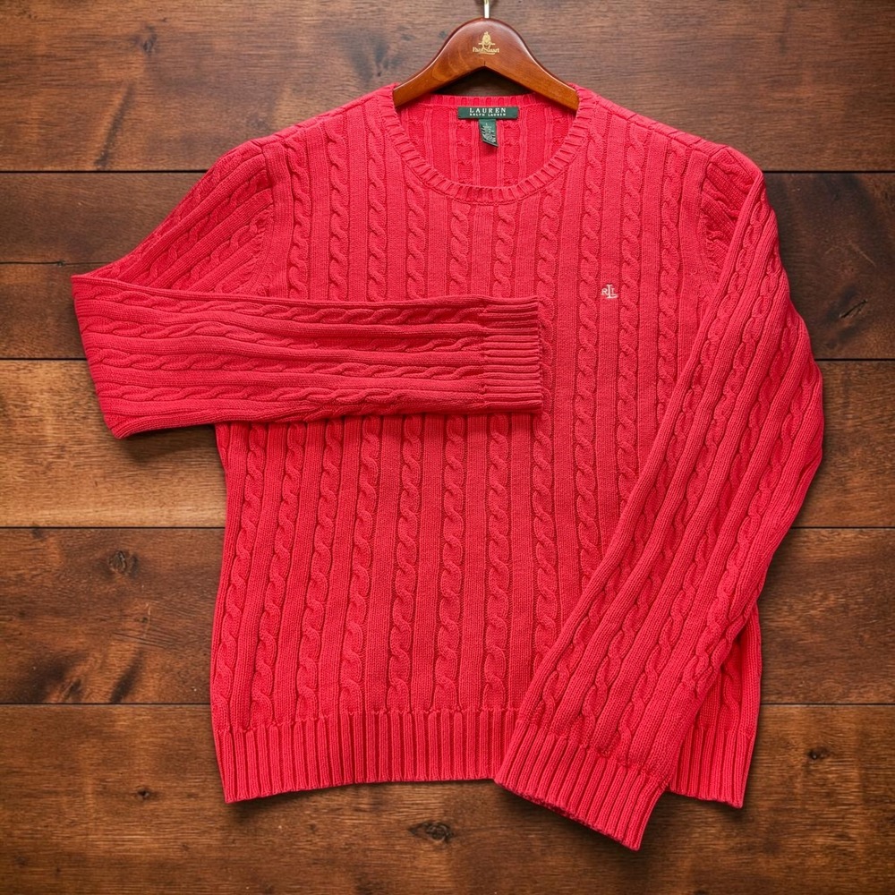 Lauren Ralph Lauren Womens L Red Cable Knit Sweater 100% Cotton Crew Neck